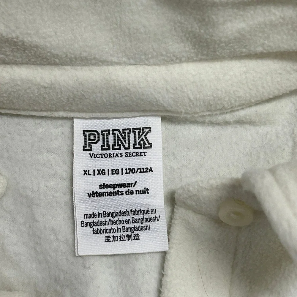 PINK Sleepwear Top Womens Size XL Cream Fleece Button Down Crest Logo Pajama Top